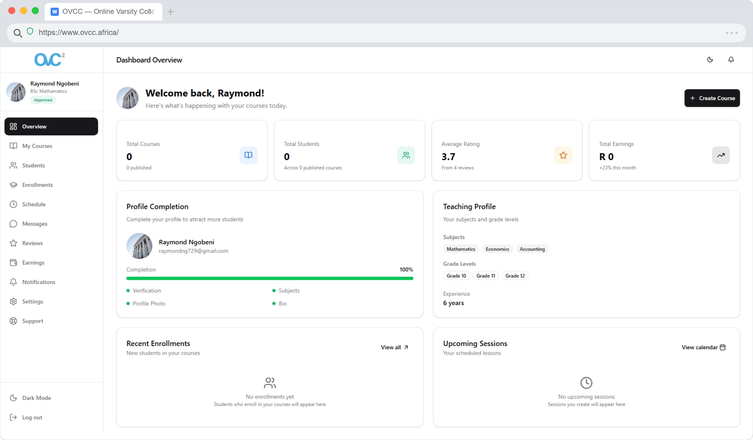 OVCC Tutor Dashboard overview showing courses, students, ratings and earnings